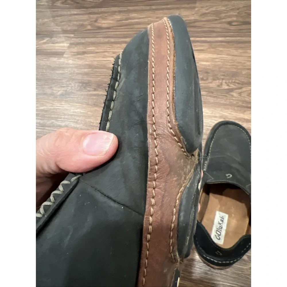 OluKai Moloa Shoes MEN US 9.5/ EU 42.5 Black Leather Slip On Loafers Comfort